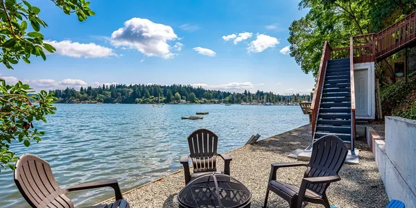 A lake with chairs and fire pit on the side.